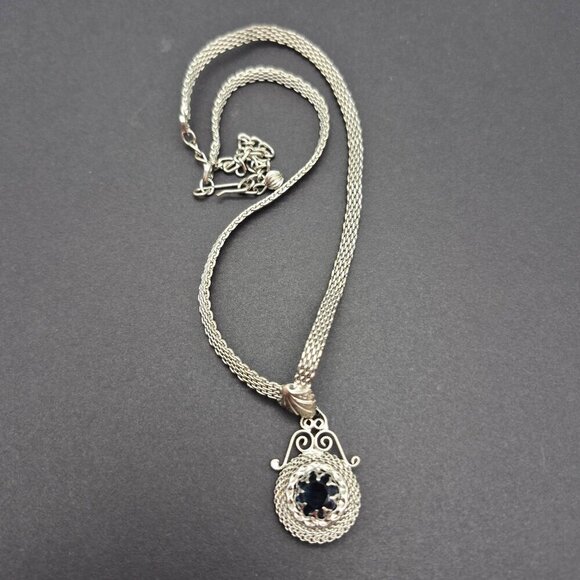 Fancy Vintage Silver Tone Mesh Chain Pendant Necklace Blue Glass Stone 18" - Picture 5 of 7